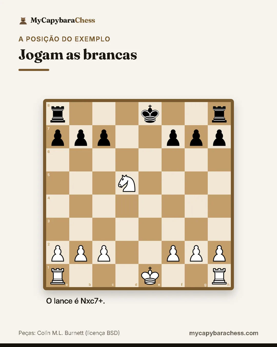 Tabuleiro de xadrez da posição do exemplo. O lance é Nxc7+