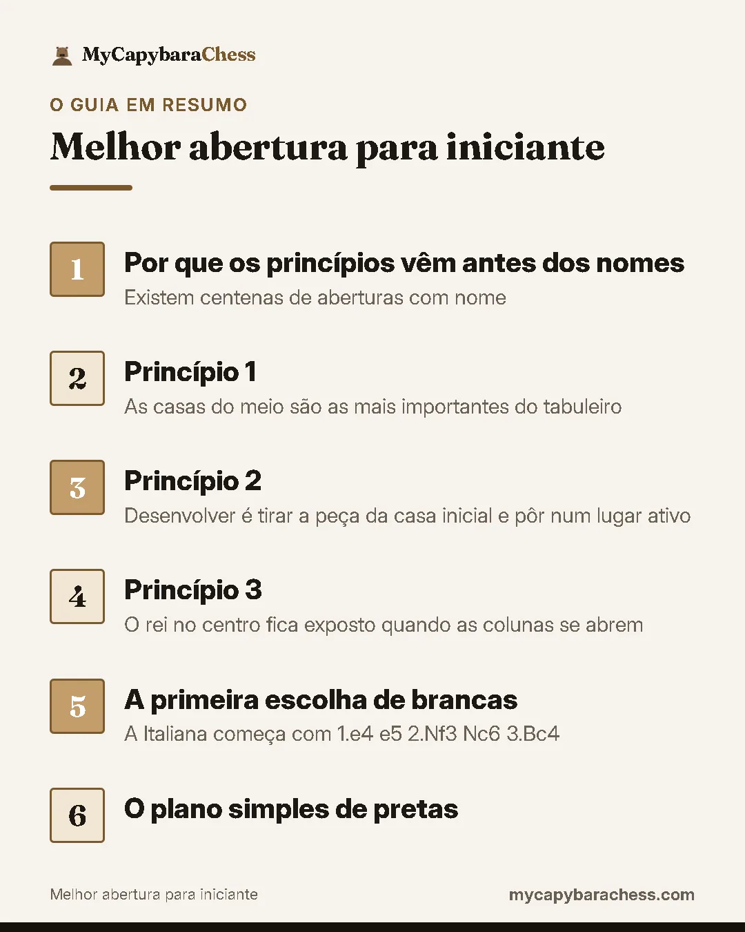 Resumo do guia: 1. Por que os princípios vêm antes dos nomes; 2. Princípio 1; 3. Princípio 2; 4. Princípio 3; 5. A primeira escolha de brancas; 6. O plano simples de pretas.