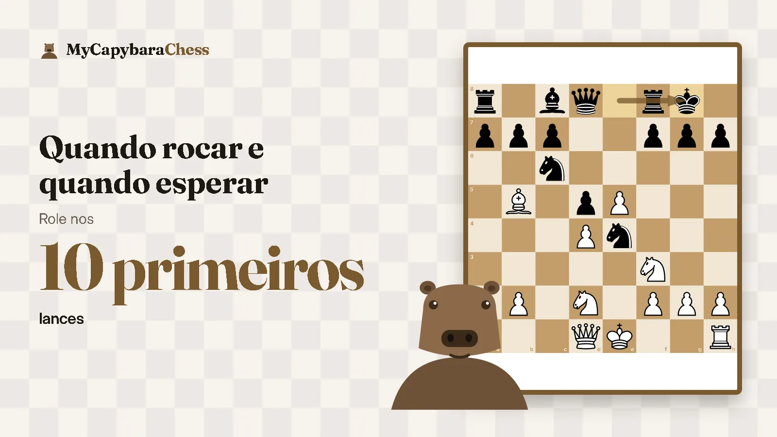 Quando rocar e quando esperar: Role nos 10 primeiros lances. Ilustração: a capivara do MyCapybaraChess ao lado de um tabuleiro.